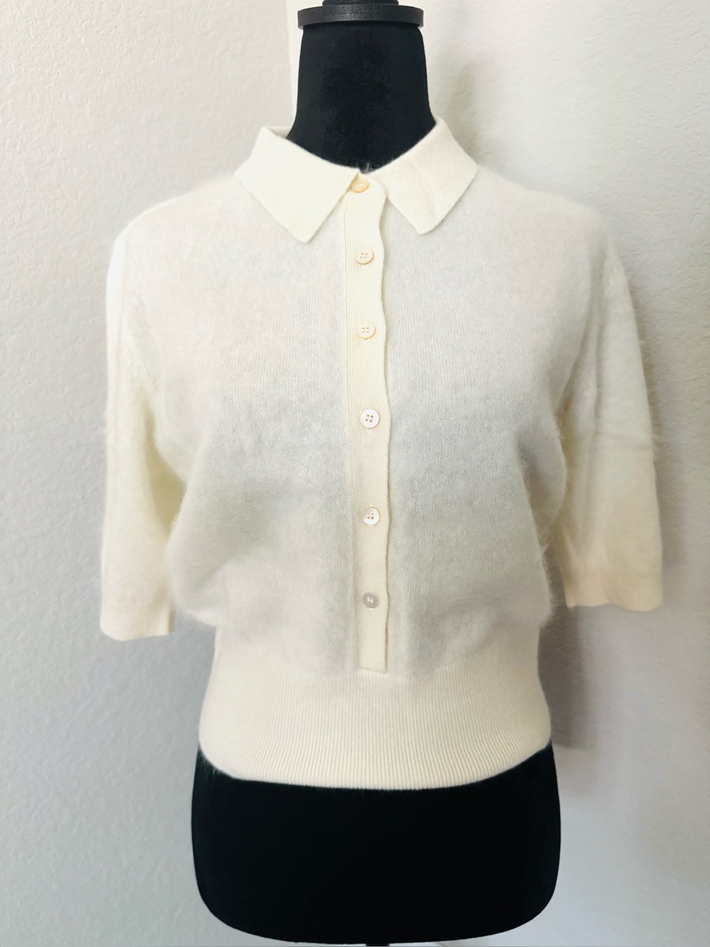 NWT Naked Cashmere Brushed Cashmere Polo Elbow Sleeve Sweater Ivory Ecru M/L - Picture 3 of 14